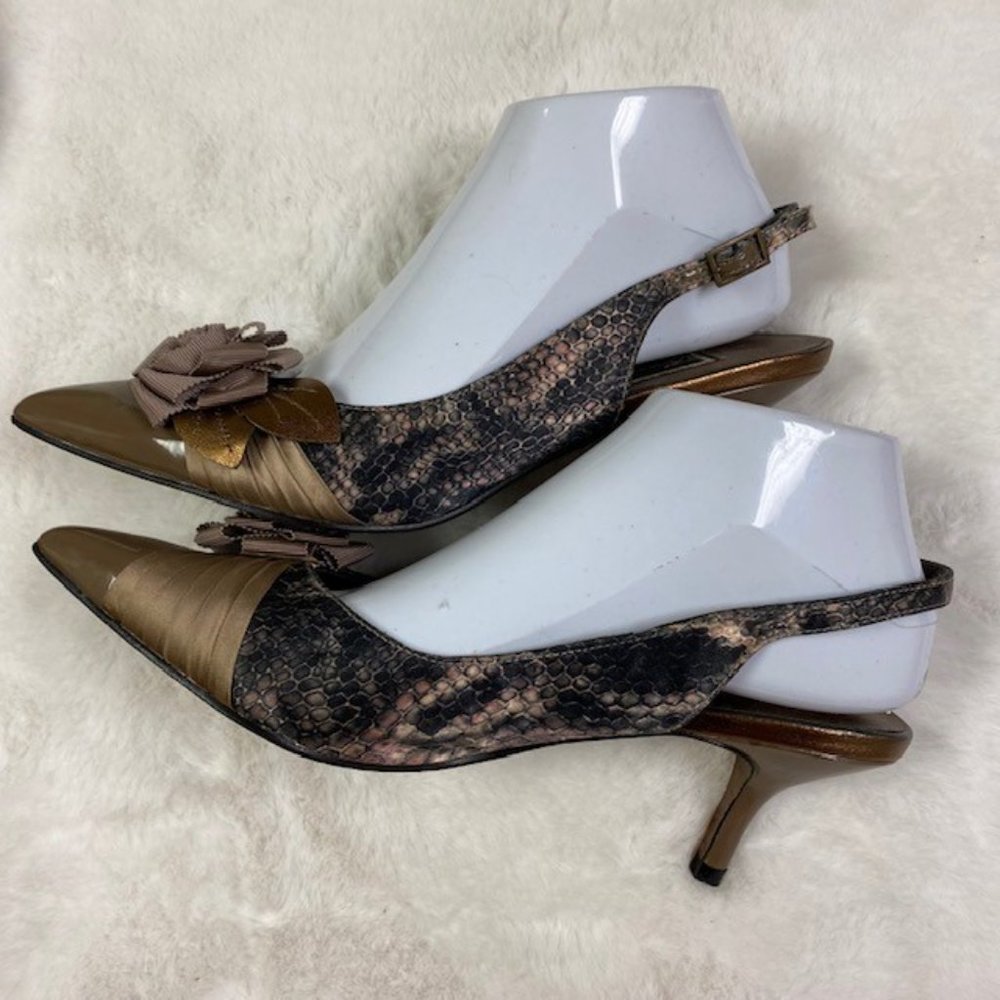 Beverly Feldman VINTAGE Patent Faux Snakeskin Rosette Slingback Heels, size 8.5 - Picture 11 of 16